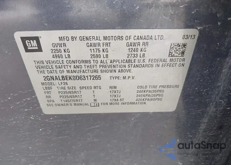 2013 Chevrolet Equinox Ls из США, поврежденный, VIN 2GNALBEK0D6317265